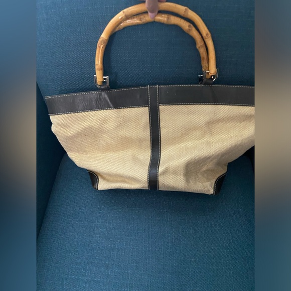 Kate Landry Woven Mettalic Straw Tote Leather Trim & Dual Bamboo Handles Bag - Picture 2 of 12